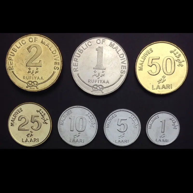 Набор из 7 монет Maldives 1 5 10 25 50 Laari 2 Rufiyaa азиатские НАСТОЯЩИЕ Оригинальные монеты