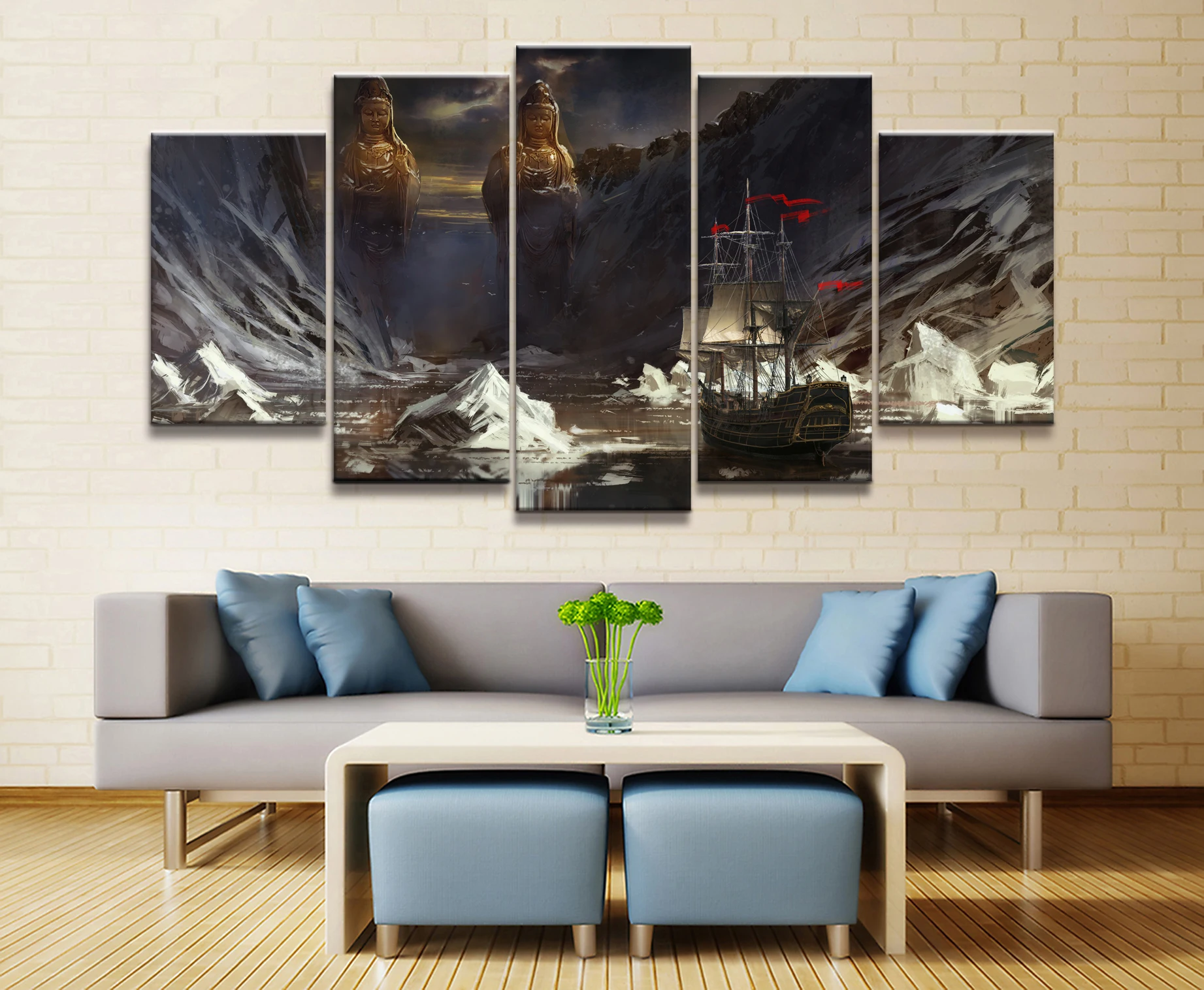 5 панелей скульптура бодхисаттвы пейзаж холст печатная живопись гостиная