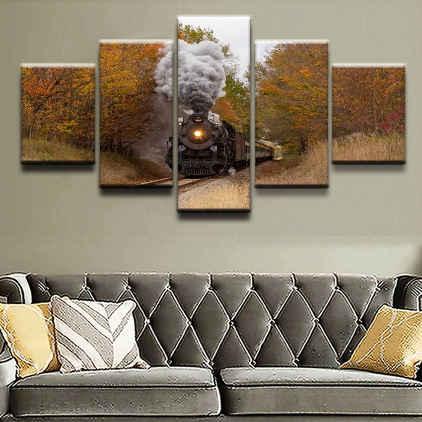 5 Panel Canvas Printed Fall Railways Train Poster Home Decor For Living Room Modular Picture Wall Art Painting Modern Artwork | Дом и сад
