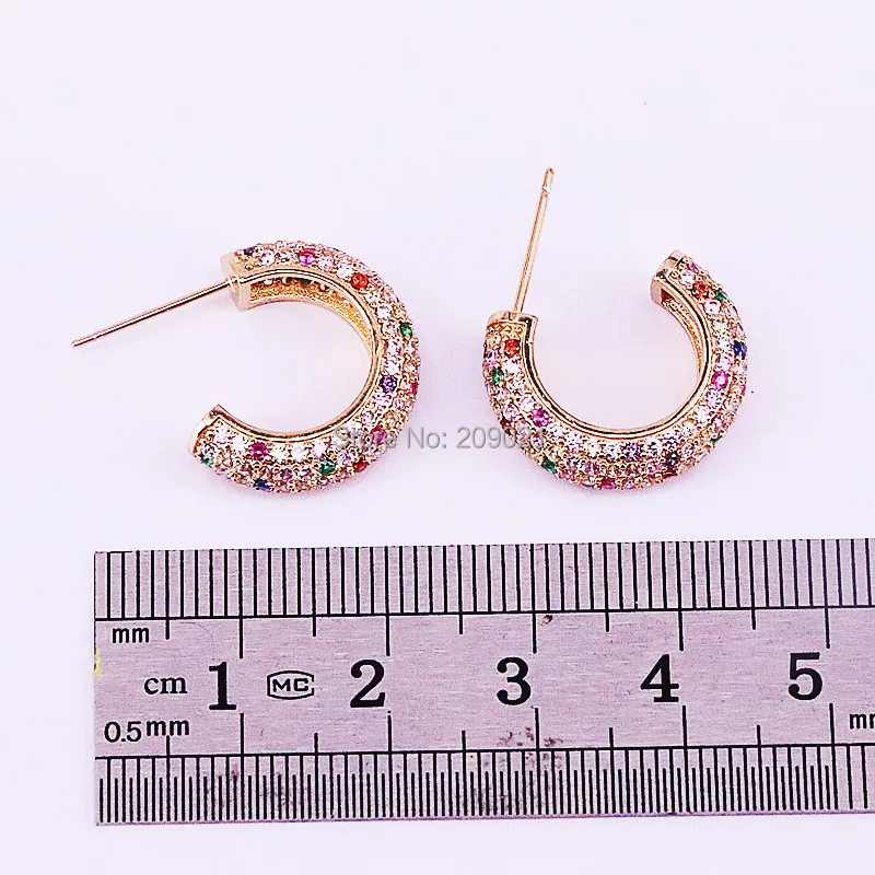 

5Pairs New Trendy micro pave Rainbow cz half round circle gold Stud Earring Elegant delicate Colourful zircon earring for women