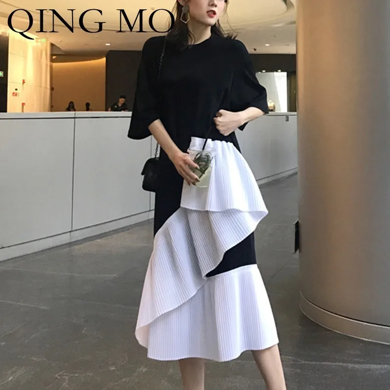 QING MO женское лоскутное платье с коротким рукавом черная футболка белое оборками