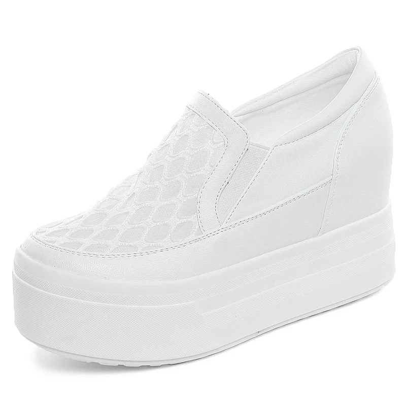 Women Wedge Platform Rubber Brogue Leather Lace Up High heel Shoes Pointed Toe Increasing Creepers White Silver Sneakers 10cm | Обувь