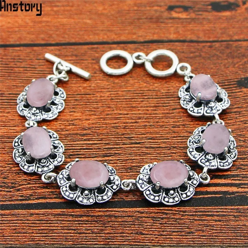 Oval Natural Quartz Stone Crystal Bracelet Vintage Look Antique Silver Plated Fashion Jewelry For Woman TB348 | Украшения и