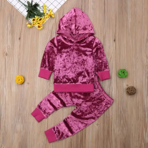 2018 Toddler Kid Baby Girl Autumn Winter Warm Velvet Long Sleeve Hooded Sweatshirt Tops Pants Outfit Tracksuit Set 1-6T | Мать и ребенок