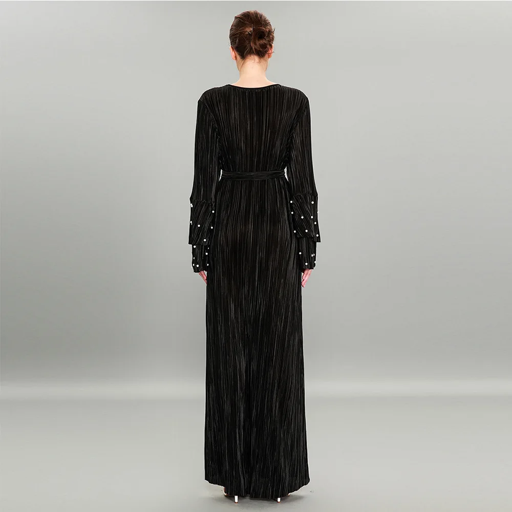 Fashion Pleated Long Sleeve Beading Cardigan Dress Women's Solid Color Abaya Ramadan Robe Arabic Turkish Islamic Kaftan Clothing |