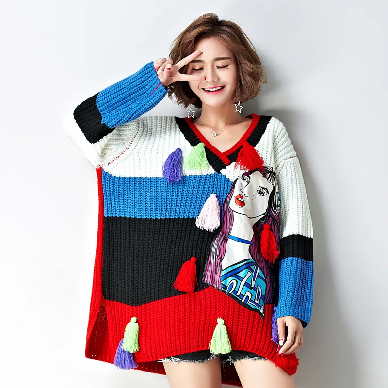 Vefadisa Women Tassel Stripe Cartoon Girl Sweater 2018 Autumn V-neck Color Matching Pullover Loose DQ315 | Женская одежда