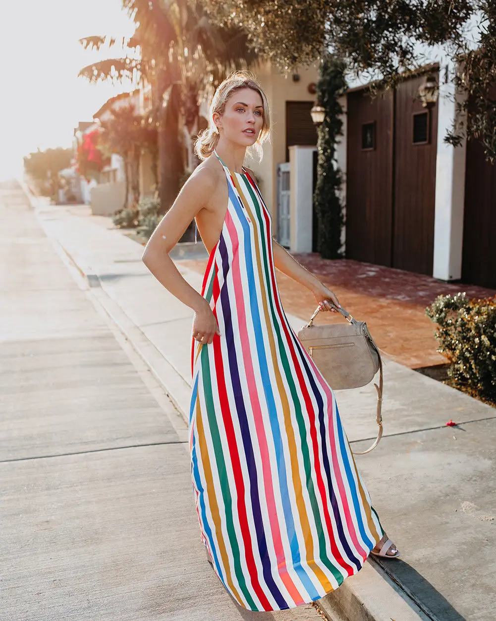 Женское длинное платье в полоску Boho летнее пляжное без рукавов с открытой