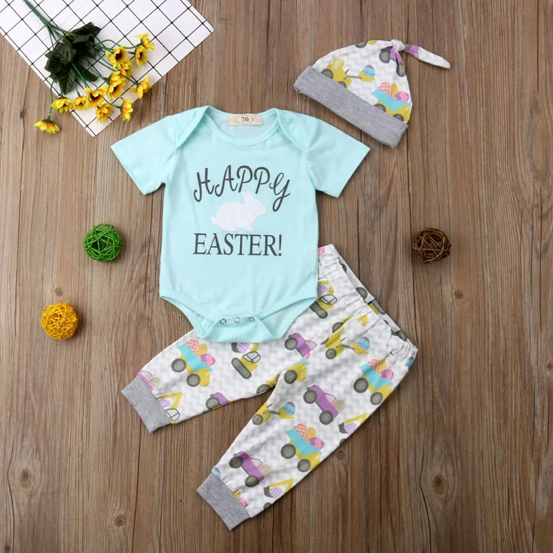 Focusnorm New Fashion 3Pcs Newborn Baby Boy Girl Clothes Set Easter Outfits Short Sleeve Romper Pants | Детская одежда и обувь