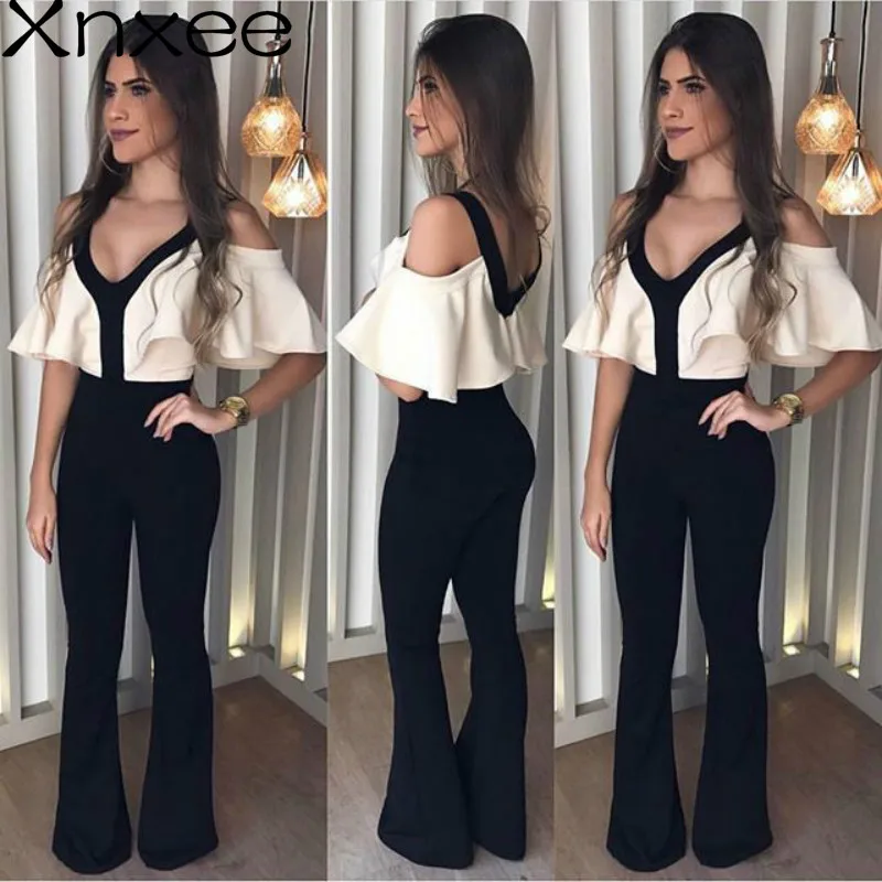 

Xnxee 2020 New Arrival Autumn V-neck Jumpsuits White Top Black Shoulder Off Jumpsuit Xnxee