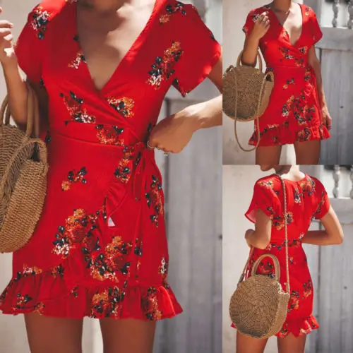 Новое красное платье с цветочным принтом женское летнее короткое платье-мини