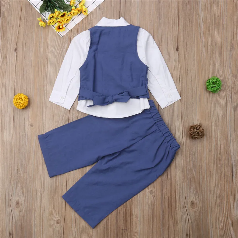 Boys Clothing Gentleman Suit 4pcs Kid Children Baby Boy Clothes Set Long Sleeve Blouse Blue Waistcoat Tie Shirt Pants Outfit | Детская