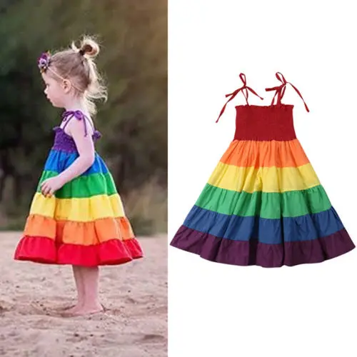 2019 Brand Girls Kid Baby Princess Sleeveless Tutu Dress New Summer Boho Bandage Rainbow Stripe Party Wedding Flower | Детская одежда и