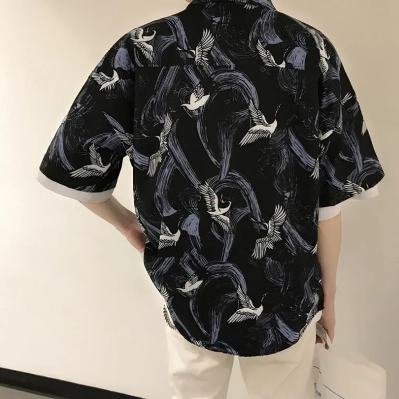 2019 новый ветер короткий рукав Tide красно коронованный Кран мужские Гавайские летние классические стильные