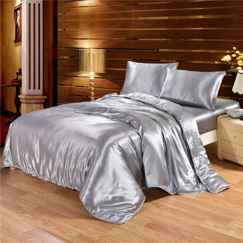 

Solid Color Satin Faux Silk Grey Bedding set Duvet Cover Set Silky Bed cover 2/3/4PCS US Twin Queen King UK Single Double King28