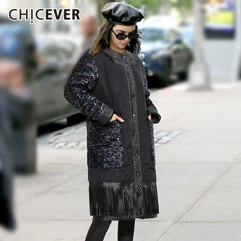 CHICEVER/женская зимняя куртка с блестками и круглым вырезом однобортное пальто