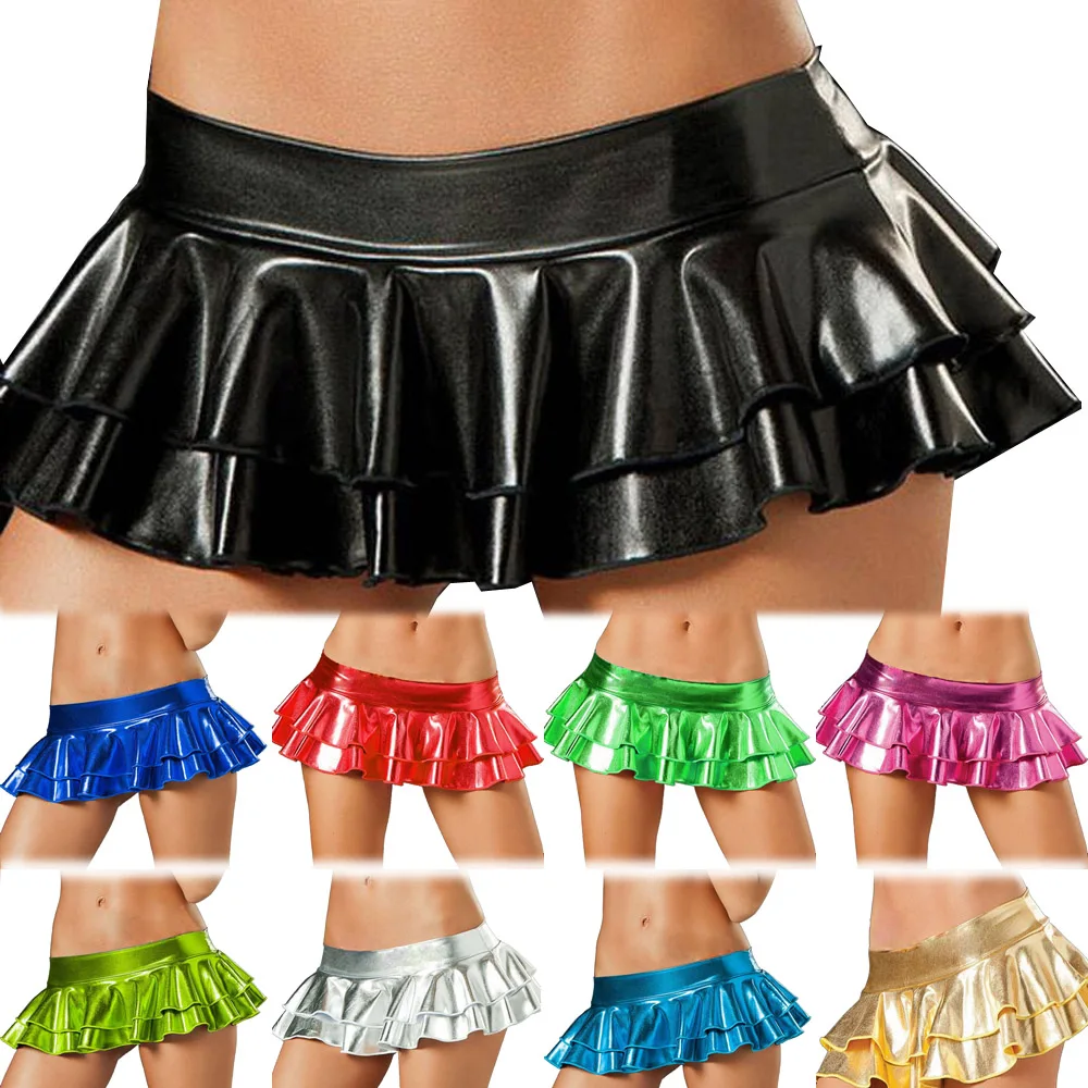 

Pu Shiny Metallic Leather Latex Wetlook Women Lady Layered Ruffled Mini Flared Frill Skirt Shorts Lingerie Dress Summer Sexy