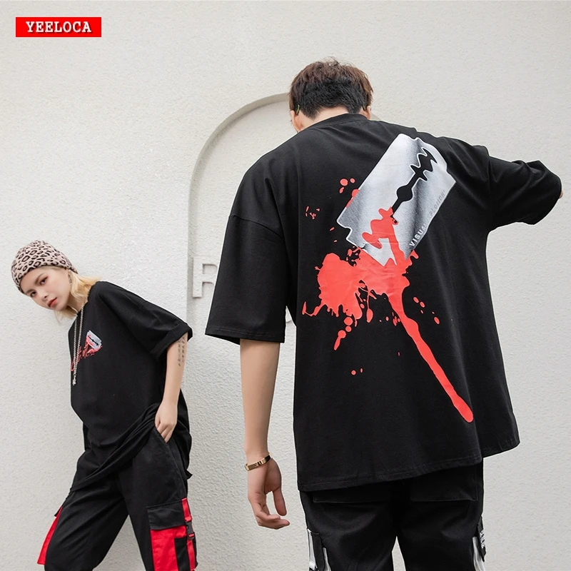 2019 summer new dropshipping blade drop blood print short-sleeved shirt men and women couple casual oversized fashion T-shirt | Мужская