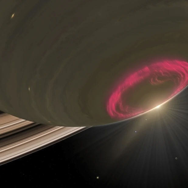 Вишнево-Красная Аврора парит над южным полюсом Сатурна плакат печать (17x10) | Дом и