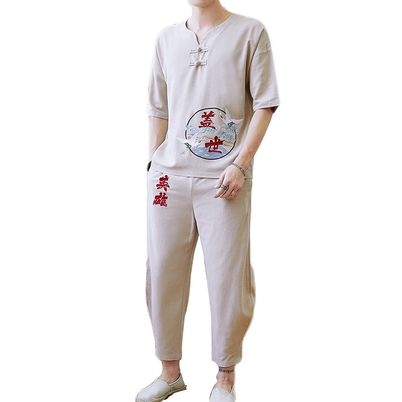 Модная уличная одежда Ropa De Hombre китайский стиль вышивка хлопок и лен комплект