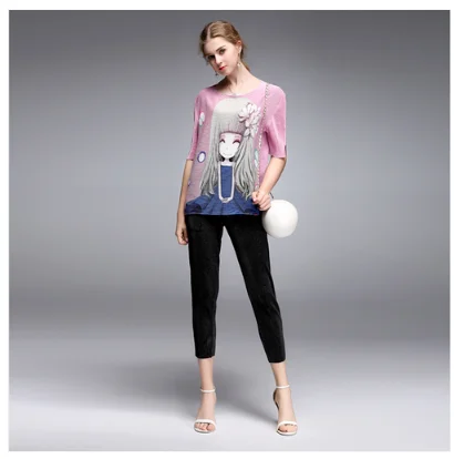 Miyake fold printing jacket new large size ladies fashion loose shirt collar cartoon female T-shirt suit | Женская одежда