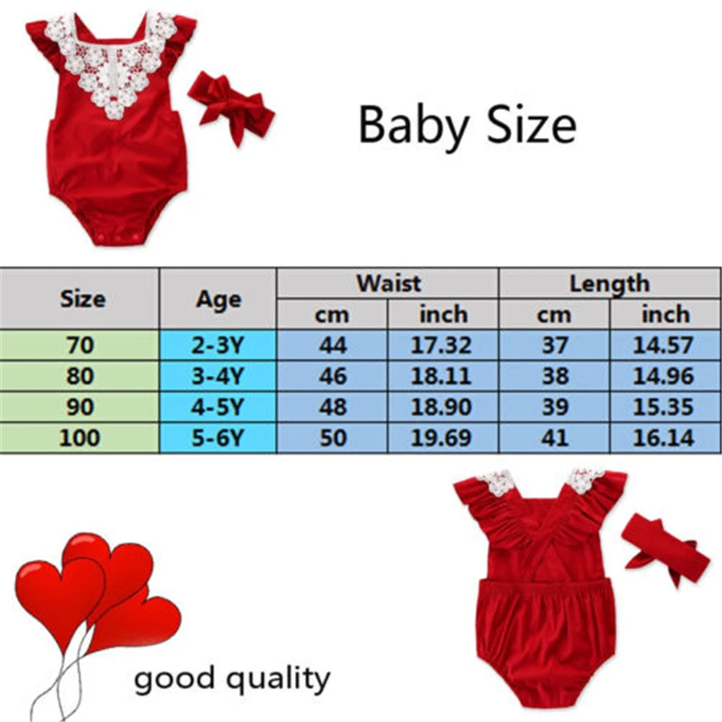 

CANIS 2019 New Newborn Toddler Baby Girl Romper 2PCS Short Petal Sleeve Lace Backless Elastic Waist Red Jumpsuits Headband 0-24M