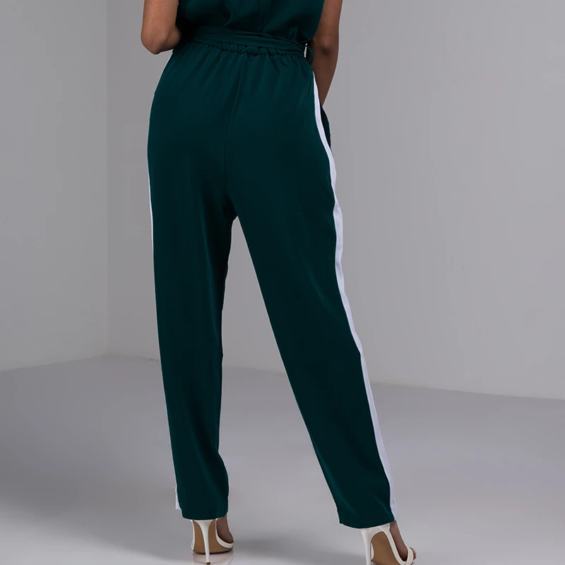 AKIRA Women's Cap Sleeve Deep V Slinky Contrast Stripe Self Tie Belt Waist Straight Leg Pant Jumpsuit |
