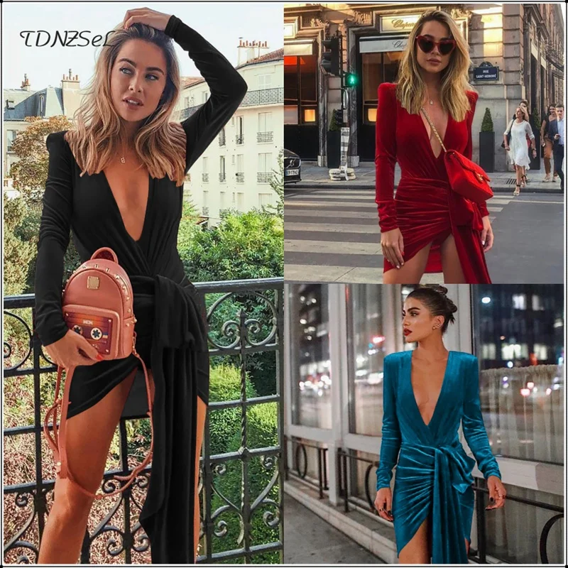 

Sexy Deep V Sheath Short Mini Wrap Dress Long Sleeve Elegant Evening Party Women Tie Waist Bodycon Dresses Slim Autumn Winter