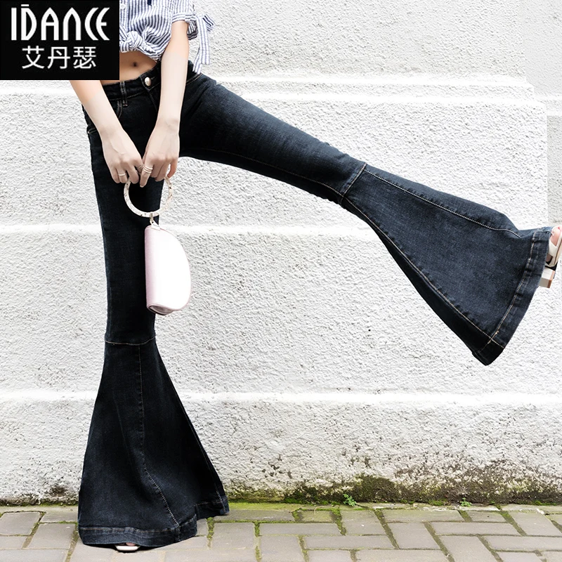 Free Shipping 2022 New Fashion Women Autumn Long Flare Pants Jeans Boot Cut Plus Size 24-32 Trousers For Tall Women Deep Blue