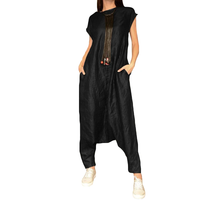 

Women Jumpsuit ZANZEA 2021 Vintage Sleeveless Overalls Drop Crotch Rompers Wide Leg Trousers Long Playsuits Combinaison Femme 7