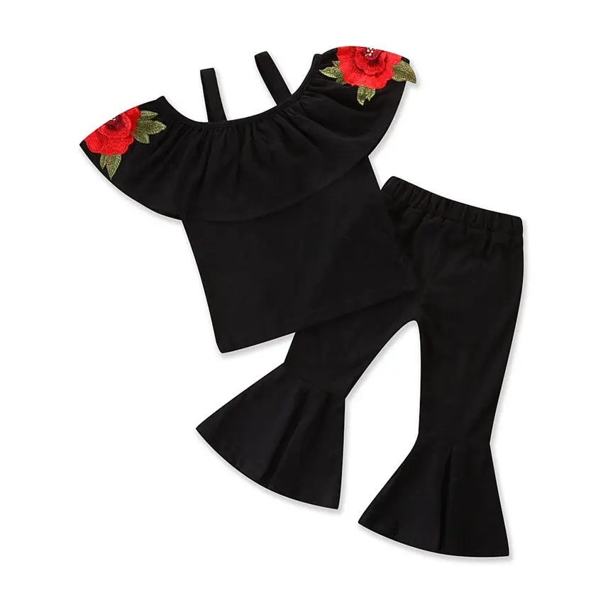 Fashion Toddler Kids Baby Girl Clothing Set Off shoulder Embroidery Flower Tops Flared Pant Bell Bottom 2PCS Girls Clothes | Детская