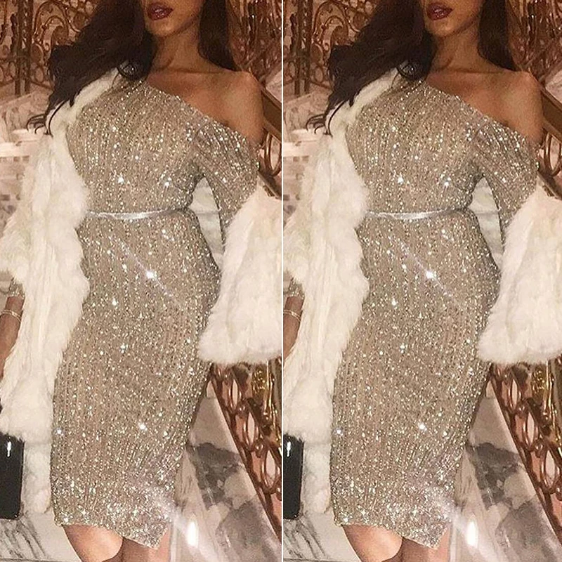 Модное женское облегающее платье с блестками сексуальные тонкие блестящие