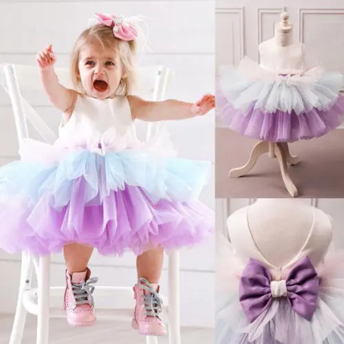 New Fancy Flower Girl Dress Princess Kids Baby Sleeveless Bowknot Three Colors Patchwork Tutu Party Birthday Gown Formal | Детская