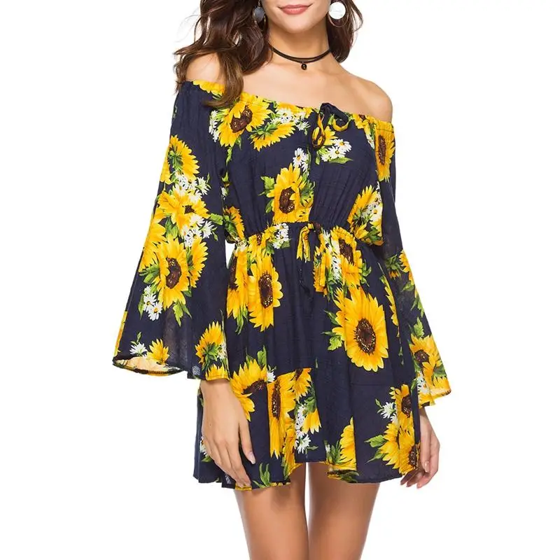 5 Color Bohemian Style Boho Holiday Off Shoulder Dress Casual Floral Print Mini Sundress Long Flare Sleeves Summer Ruffles | Женская