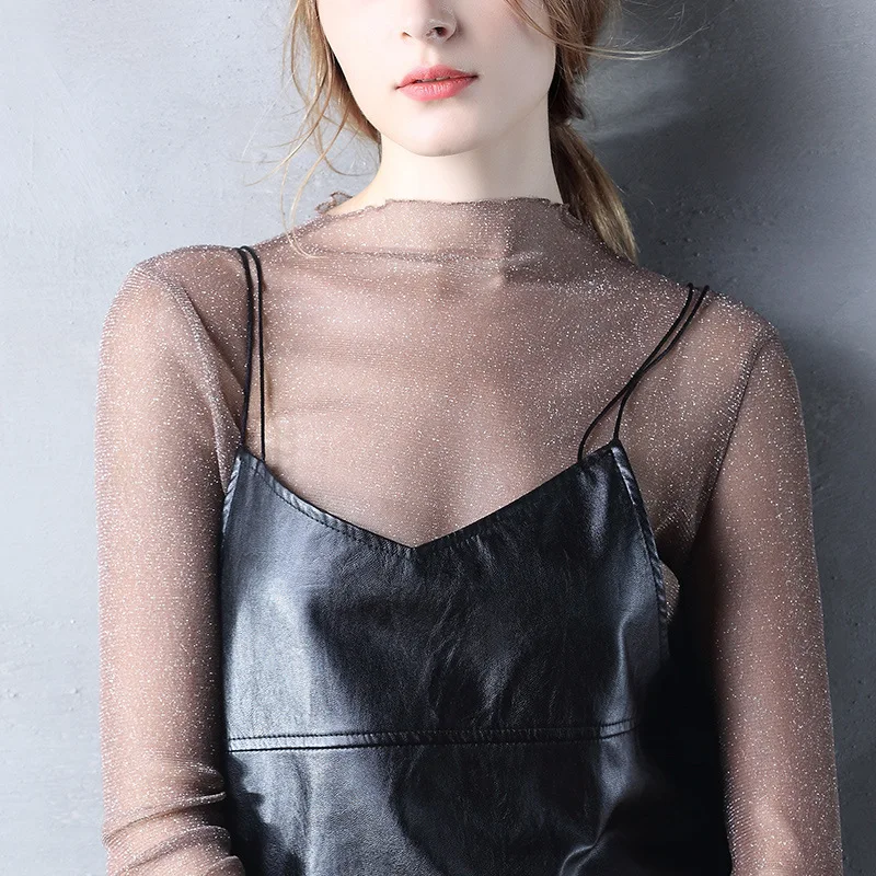 Female Chiffon Shirt Bottoming Shirt Women Sexy Perspective Bright Silk Tops Spring Lady Fashion Lace Office Thin Blouse PJ355