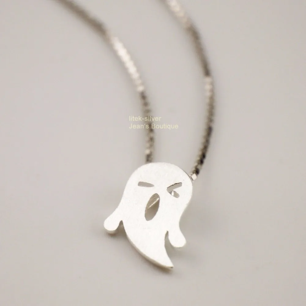 S92-5 Sterling SIL Fashion Jewelry Matt Funny Face -o&lt Ghost Pendant Charm Necklace A2565 | Украшения и аксессуары
