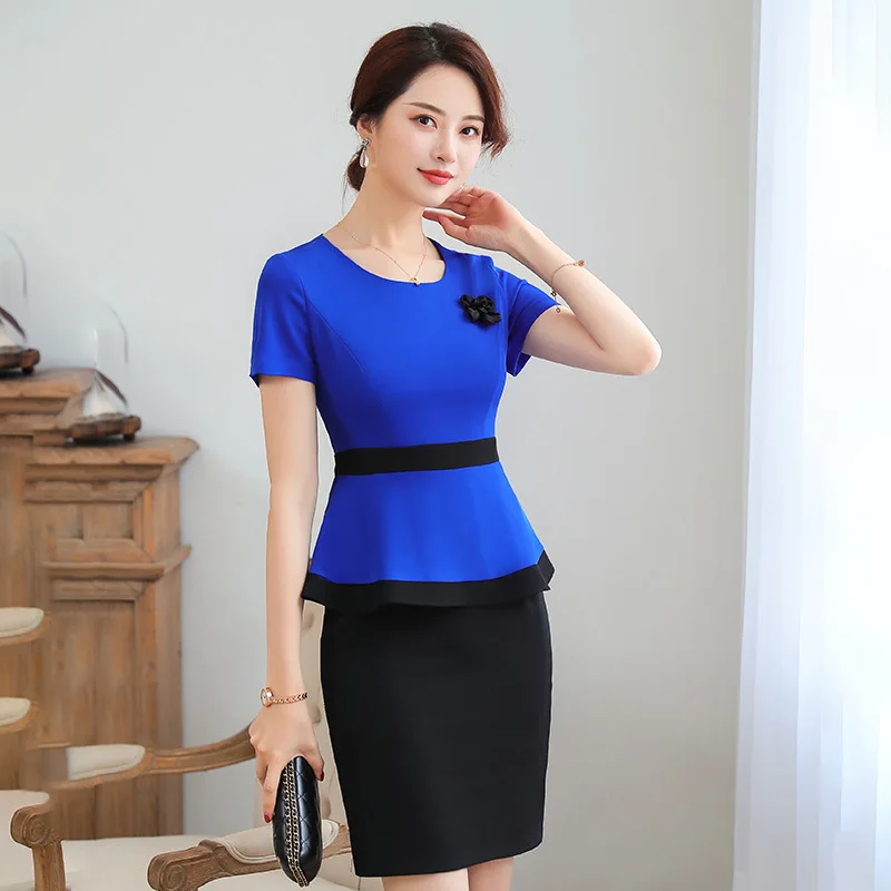 Women Office Lady Short Sleeve Suit Set Formal Work Wear Career Two Piece Pullover O-Neck Flower Patchwork Flare (Tops + Skirt) | Женская