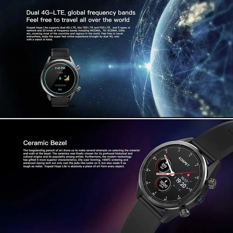 Kospet надеюсь Lite Smartwatch MTK6739 Android 7 1 GB + 16 Dual 4G 39 дюйма AMOLED Wi Fi gps/ГЛОНАСС 8.0MP IP67