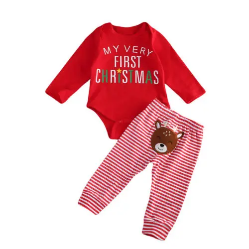 Hot Sale Christmas Clothes Baby Boy Girl Unisex Letter Long Sleeve Bodysuit Jumpsuit Tops Stripe Pants Casual Outfits Set 0-18M | Детская