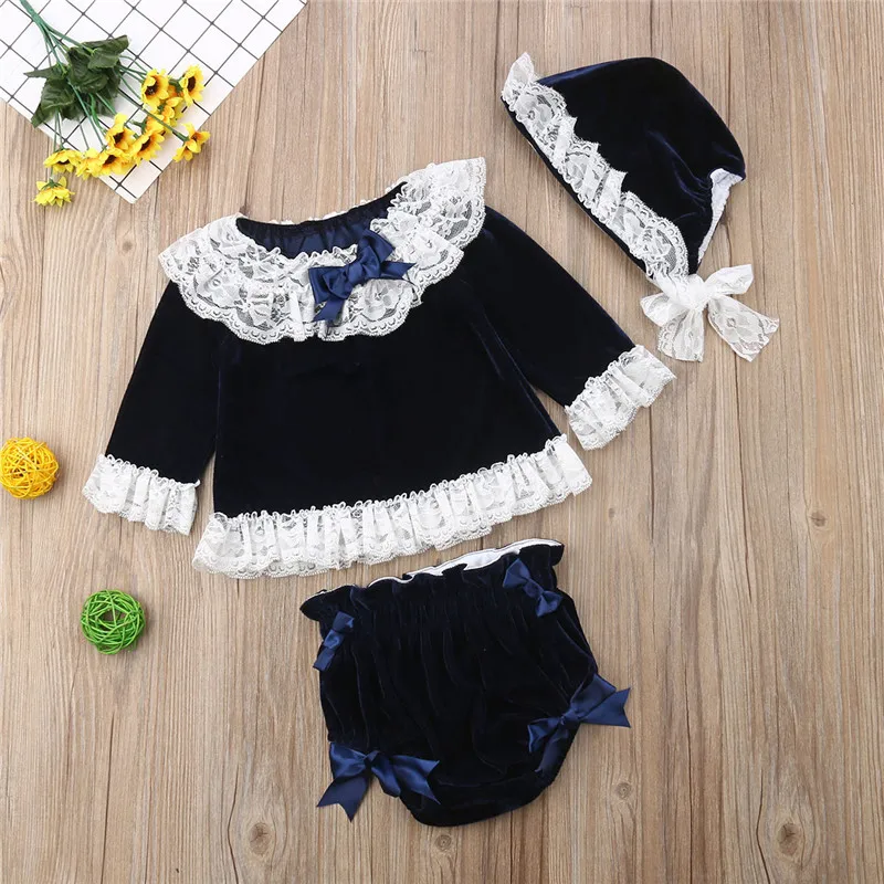 pudcoco Fashion Newborn Kids Baby Girl Clothes set Long sleeve Lace Velvet Tops Shorts Hat Girls Clothing sets Outfits 0-4Y | Детская