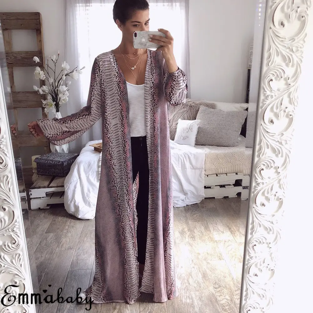 2019 женские с длинным рукавом змея шифон кардиган Boho Верхняя одежда Куртка Пальто