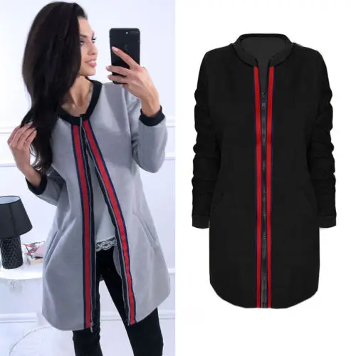 Fashion Casual Spring Winter Lady Women Long Sleeve Zipper Outwear Coats Loose Trench Black Gray | Женская одежда