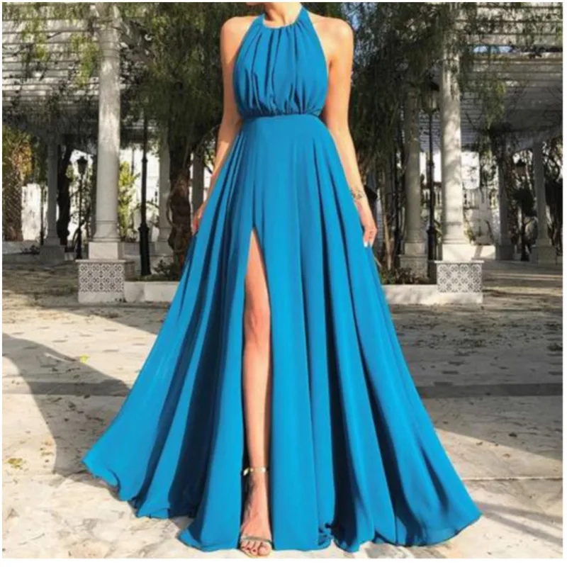 Синее шифоновое платье костюм с открытой спиной kleider модная одежда женская