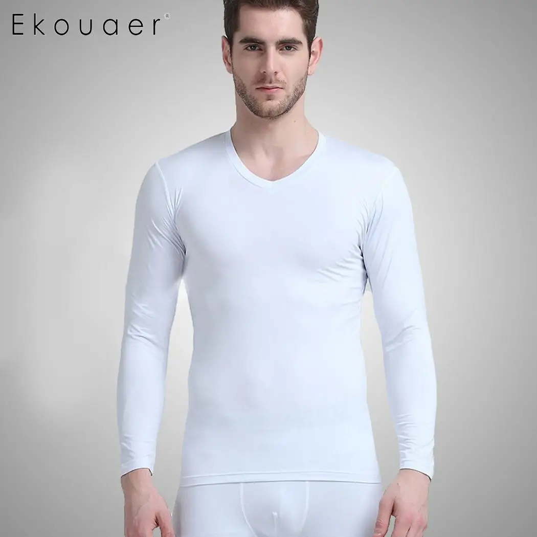 Ekouaer Winter Thermal Underwear Sets Sleepwear Seamless Solid O-Neck Long Sleeve Warm Set Male Therm Johns | Мужская одежда