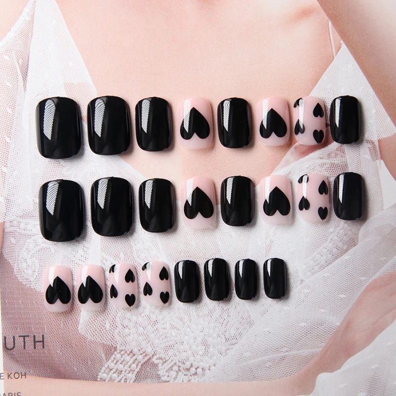 24 шт Летние черные накладные ногти с принтом любви съемные водонепроницаемые