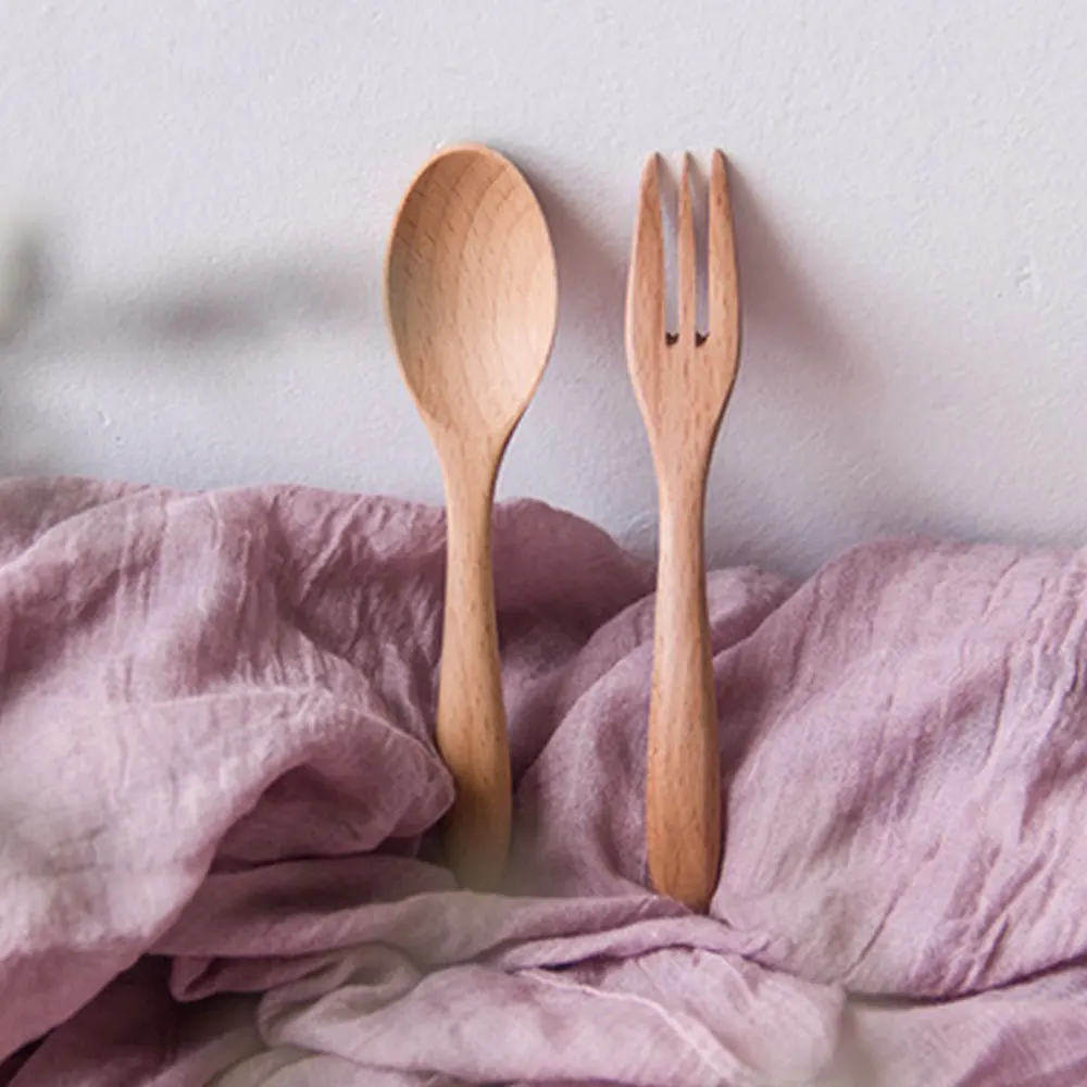Western Tableware Wood Fork Spoon Dessert Set Retro Vintage Style Fruit Serving Children Food Scoop Supply Japanese-style | Дом и сад