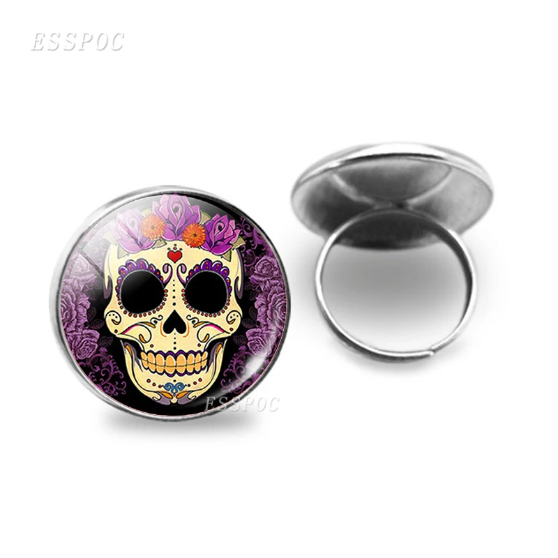 

Sugar Skull Glass Cabochon Ring Mexico Folk Art Sugar Skull Handcraft SilverColour Rings Day of the Dead Jewelry Halloween Gift