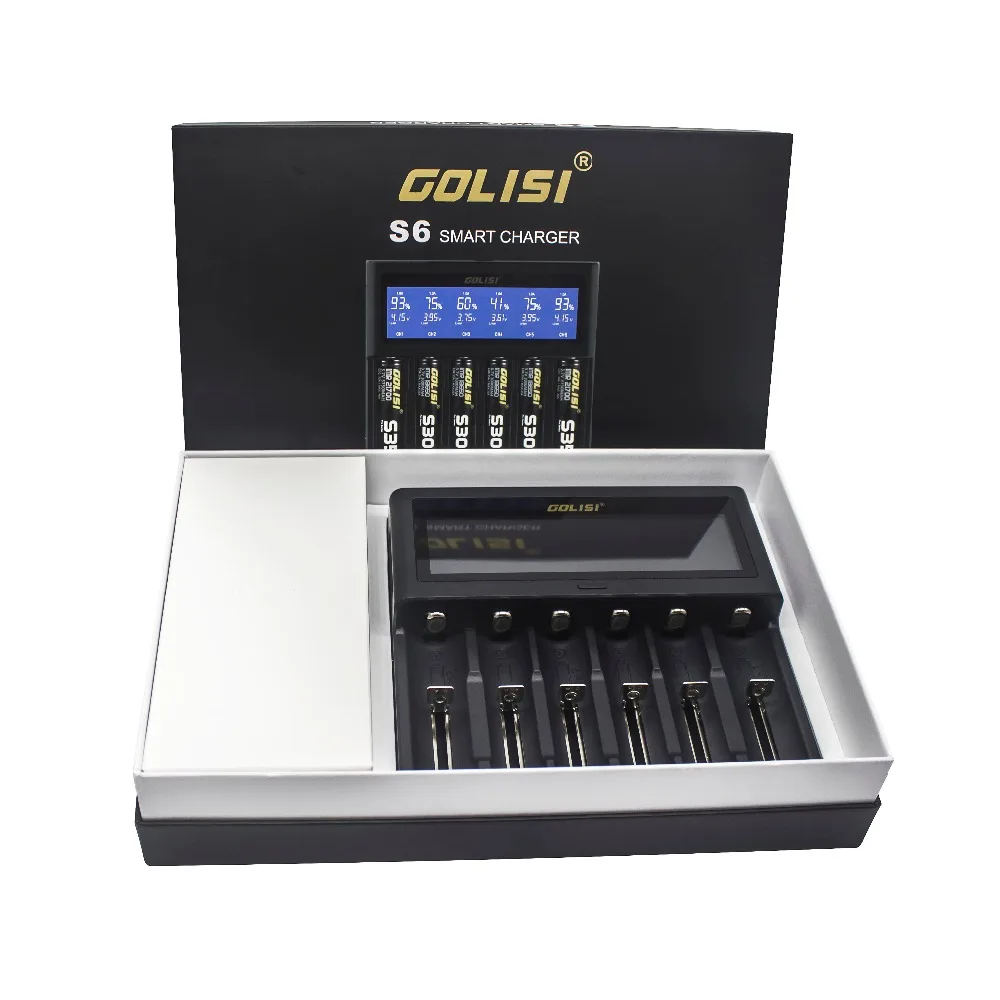 1 шт. GOLISI S6 2A Быстрая зарядка шесть слотов Li Ion 18650 21700 26650/Ni mh/Ni cd/aaa/aa AC 110 240 В 50/60 Гц DC 12