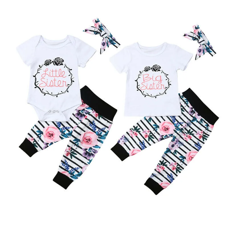 

3Pcs Toddler Kids Baby Little Big Sister Floral Tops Romper T-shirt Pants Outfit Children Clothes Cotton O-neck Short Sleeve
