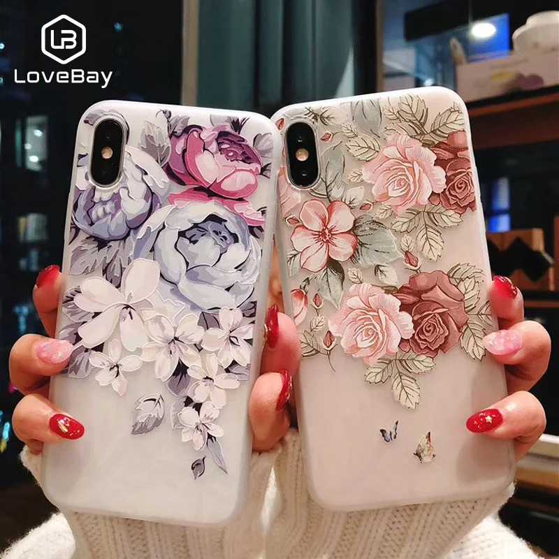 Lovebay Phone Case For iPhone 6 6S 7 8 Plus X XR XS Max 5 5s SE Fashion 3D Relief Flower Flamingo Leaf Soft TPU |