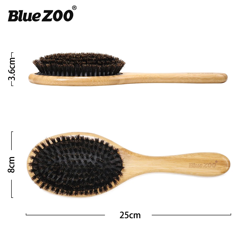 Blue ZOO Hair Brush Natural Bamboo Handle Boar Bristles Anti-static Scalp Paddle Hairbrush Gasbag Massage Comb Care Tool | Красота и